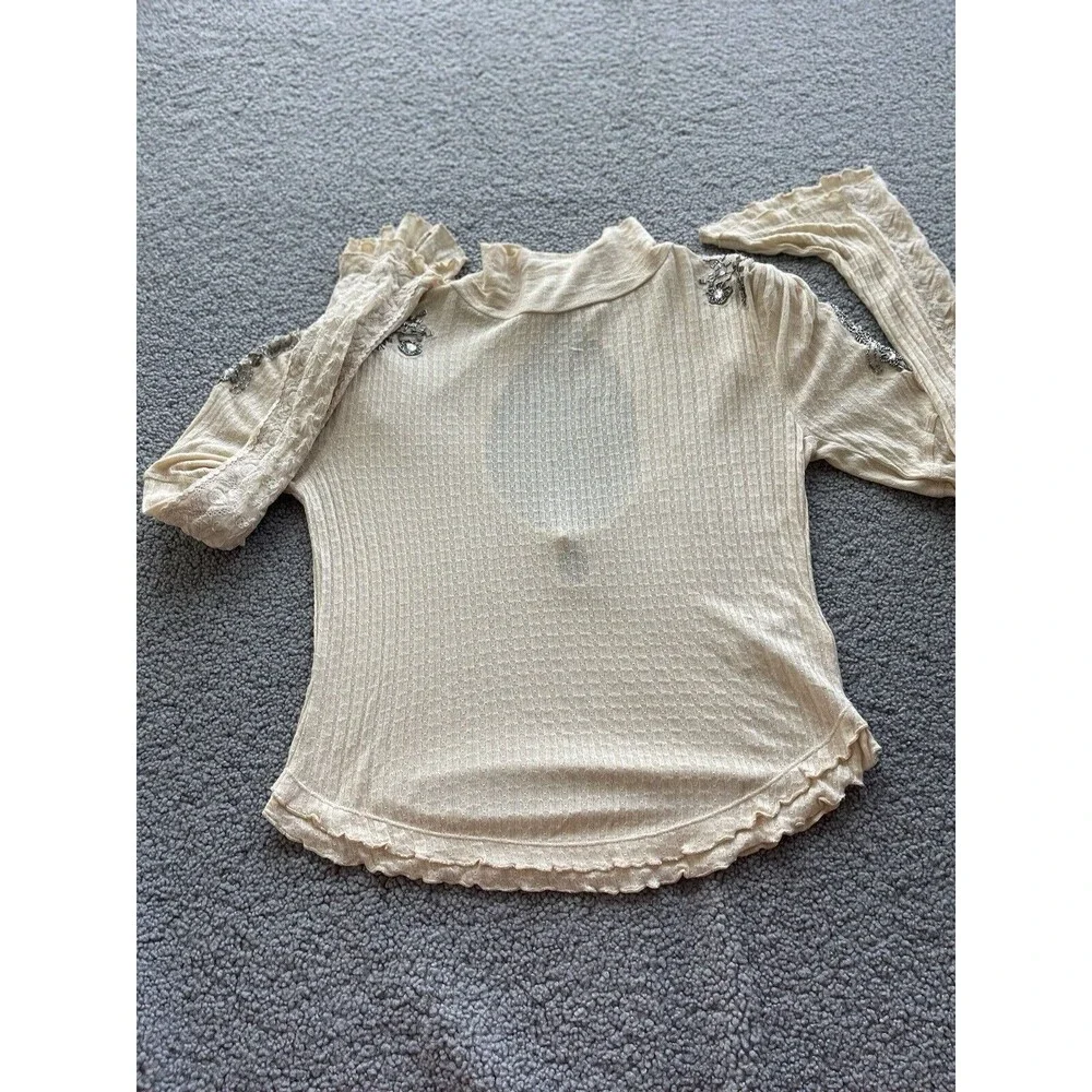 Free People Top Ivory High Maintenance Ballet Blouse Preppy Boho Jewel Sz M New